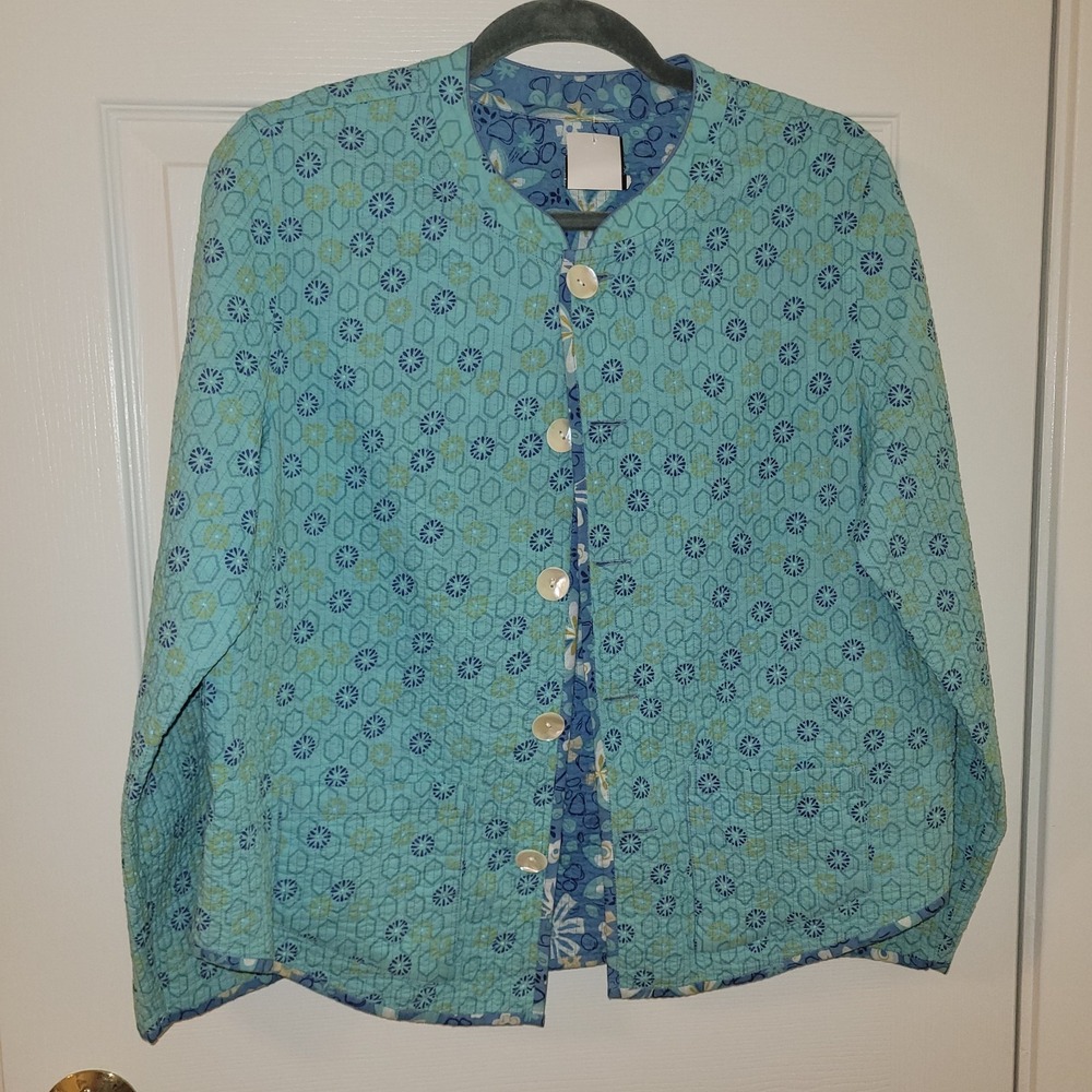 Nomadic Traders Reversible Quilted Jacket Teal Blue Floral Geometric Large